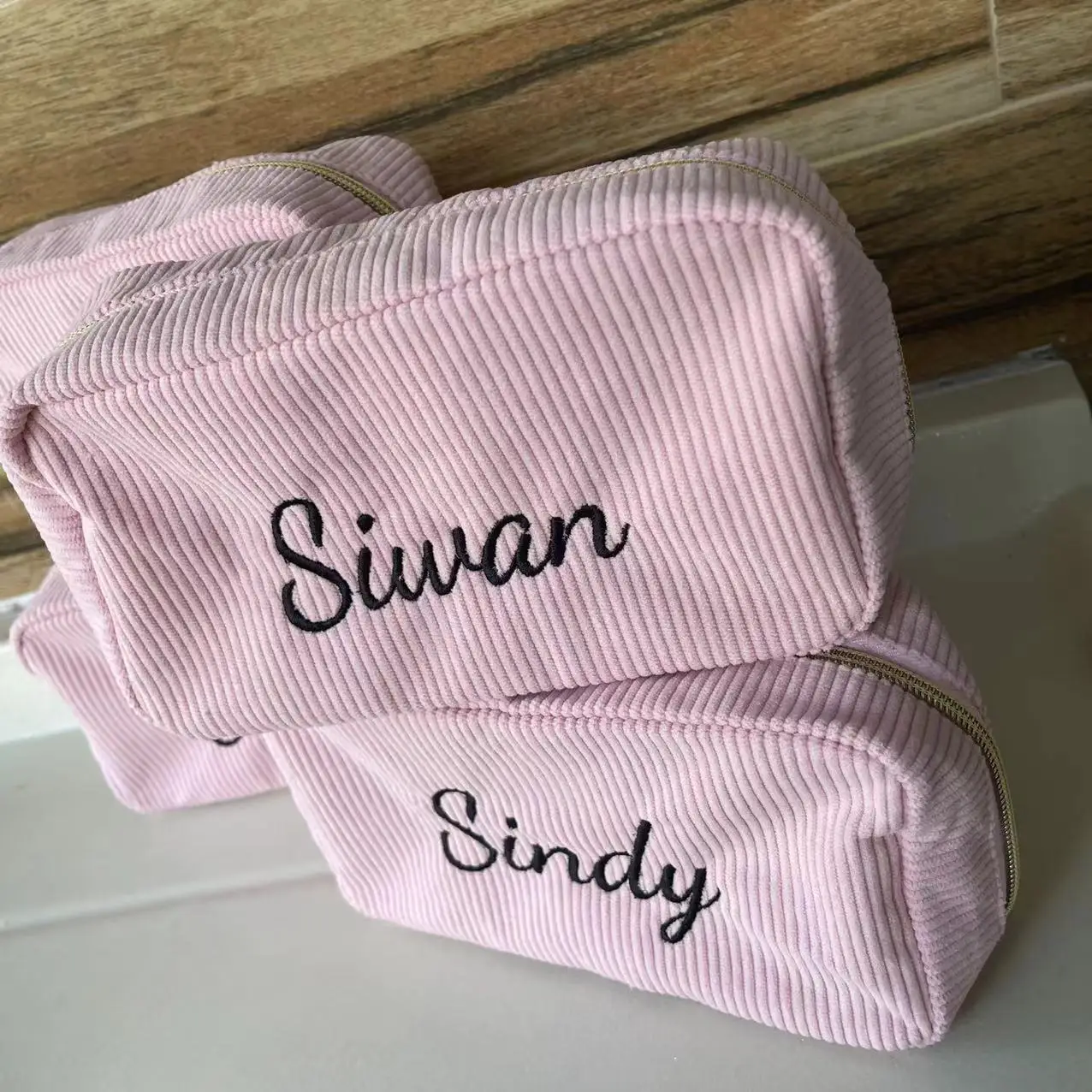 Embroidered Cosmetic Bag with Name Corduroy Makeup Bag Custom Bridesmaid Proposal Gifts Bachelorette Party Team Bride Name Gift