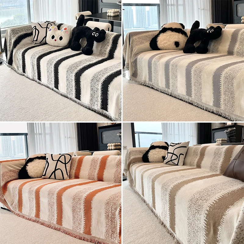 Soft Chenille Pattern Striped Sofa Cover Summer Couch Non Slip Blanket Large Sectional Couch Covers Washable Sofa Slipcover