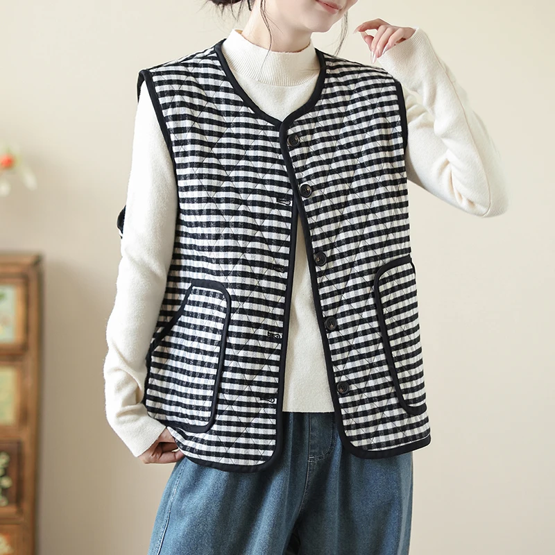 

Теплый жилет с круглым вырезом, новый стиль, тонкий хлопок, на одной пуговице, свободный крой, без рукавов, ретро-стиль, для повседневной носки, с утолщенной хлопковой подкладкой