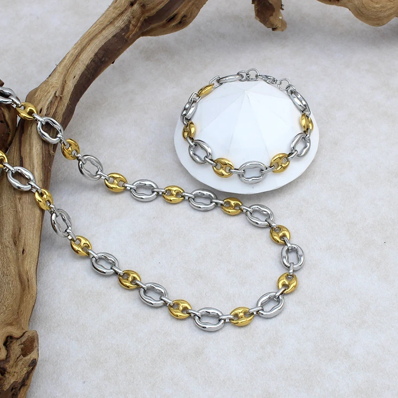 Stainless Steel Two-tone Pig Nose Chain Necklace PVD Gold Silver Mix Color Coffee Bean Chain Necklaces Fashion Statement Jewelry
