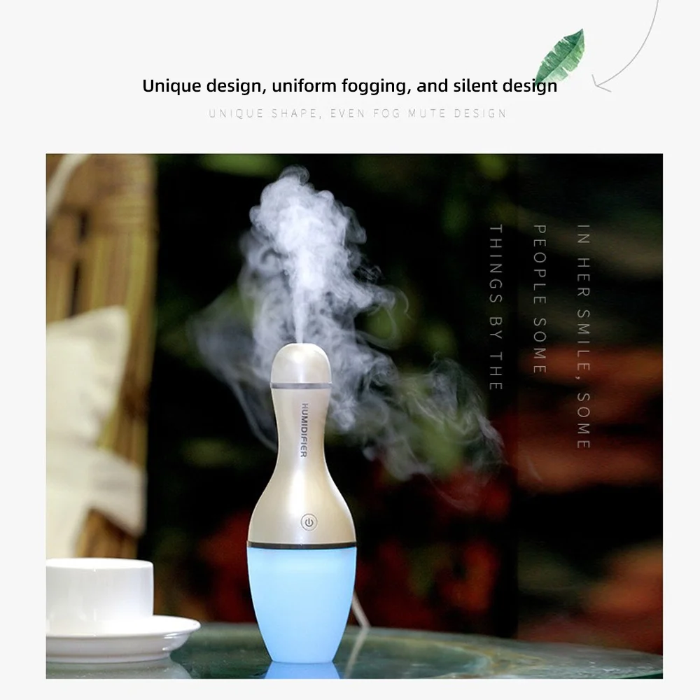 Whisper-Quiet Bowling-luchtbevochtiger, 300 ml capaciteit, grijze diffuser met kalmerende gloed voor perfect slaapkamer- en autocomfort