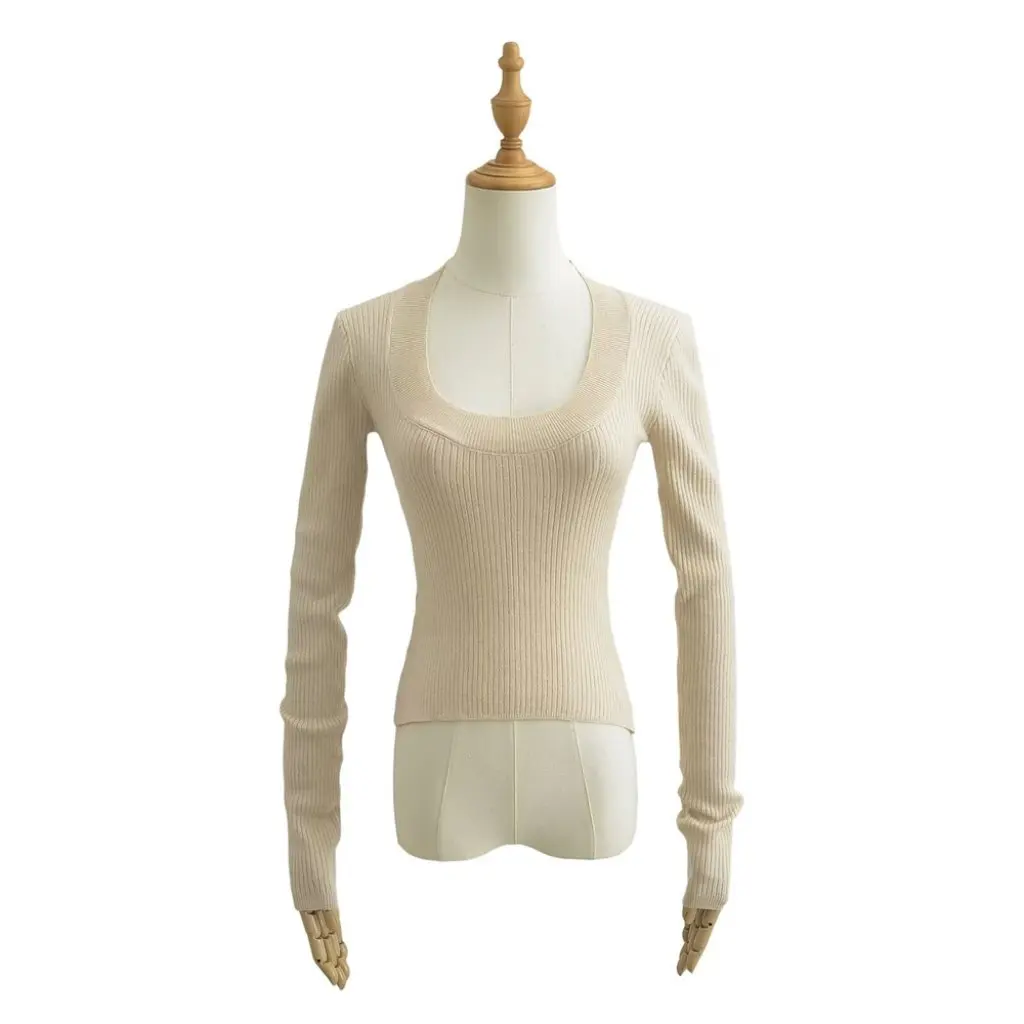 

YPFF женский облегающий свитер с длинными рукавами и U-образным вырезом, модная нижняя рубашка в европейском и американском стиле, топ на осень-зиму