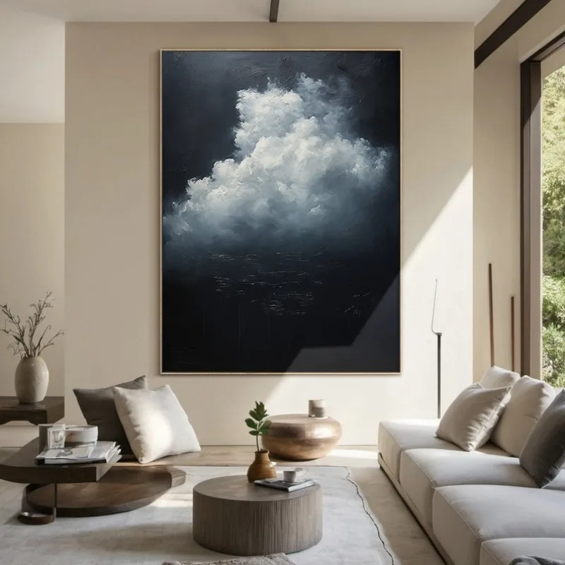1pc Original Landscape Canvas Oil Painting, 100% Hand Abstract Painting White Clouds Oil Painting for Living Room Decortive