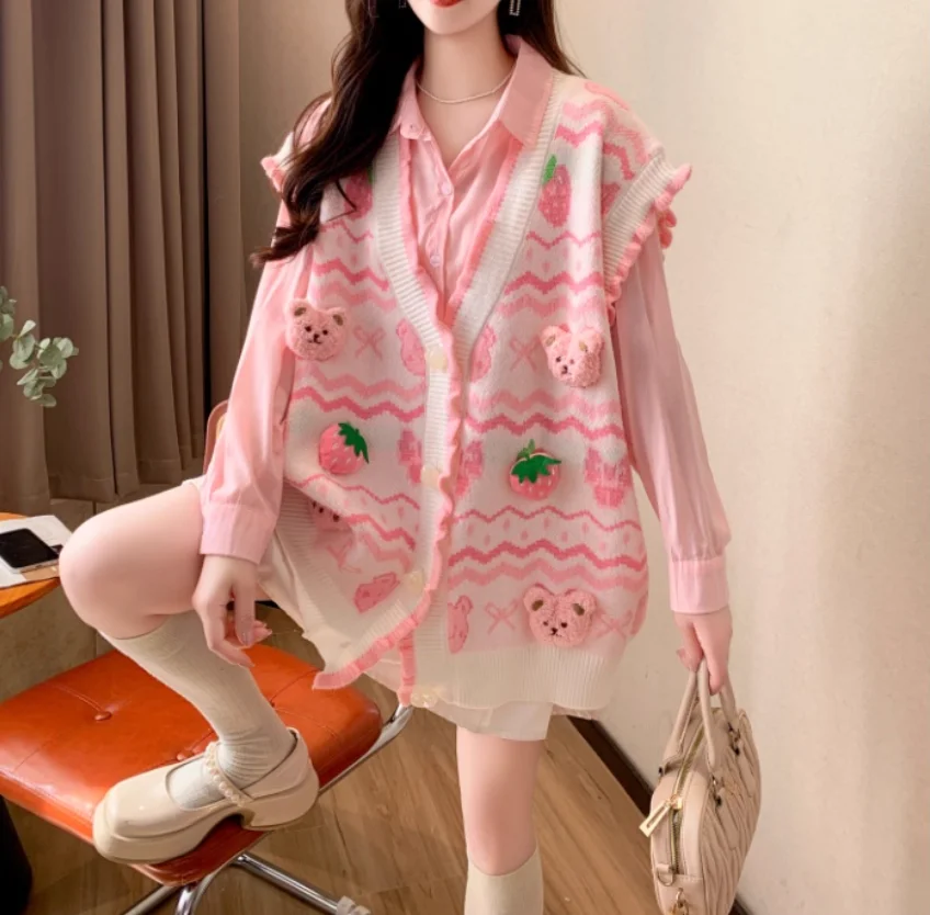 

Japanese Girl Lolita Cardigan Sweetly Stacked Three-dimensional Decorative Knitted Vest Cute Cartoon Strawberry Bear Knitted Top