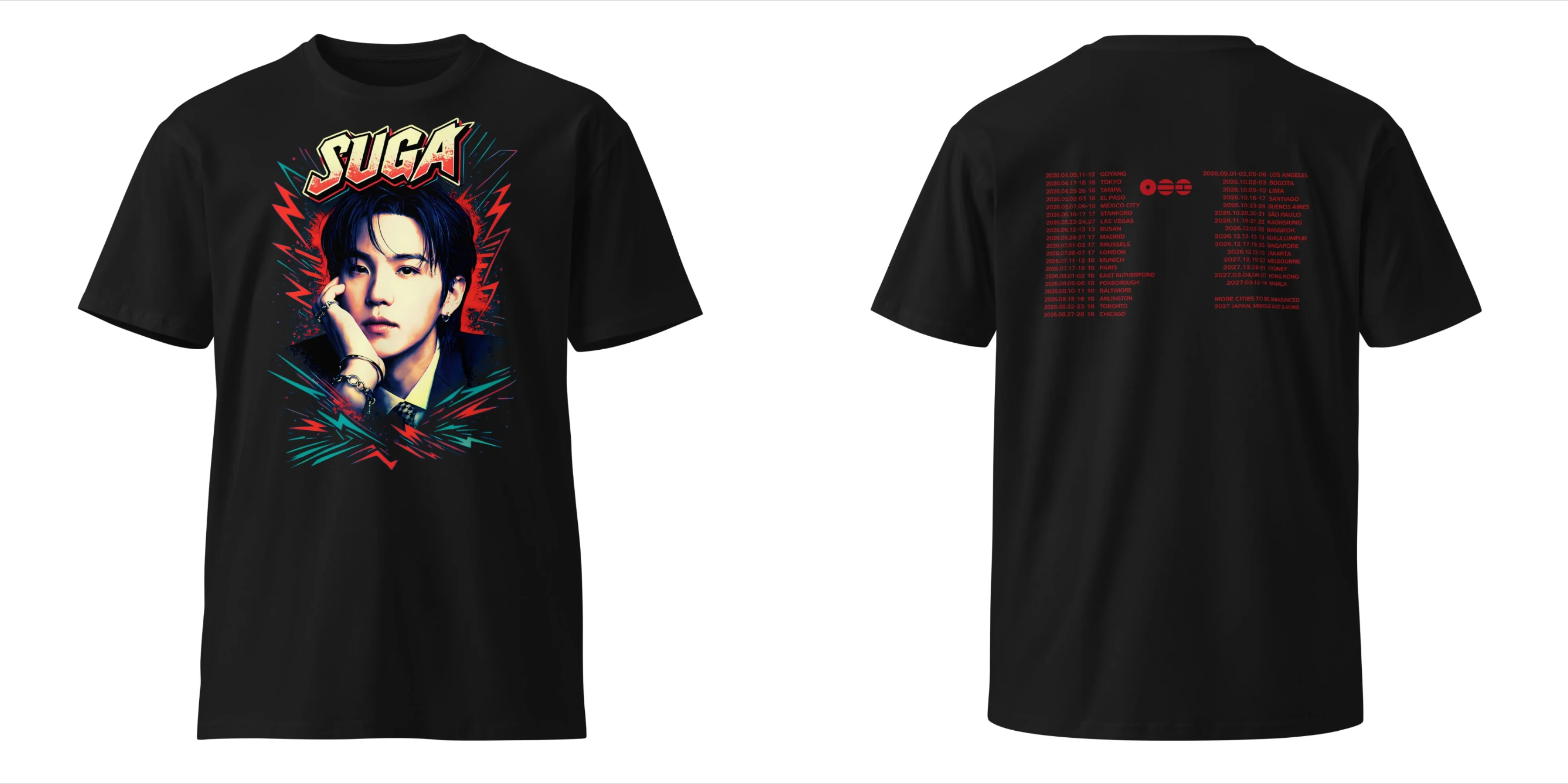 BTS Suga Taehyung 2026 World Tour Doppelseitiges Grafik-T-Shirt mit Porträt und Tour-Städtenliste Kpop-Fans T-Shirt für Männer, Frauen und Kinder – Detail 9
