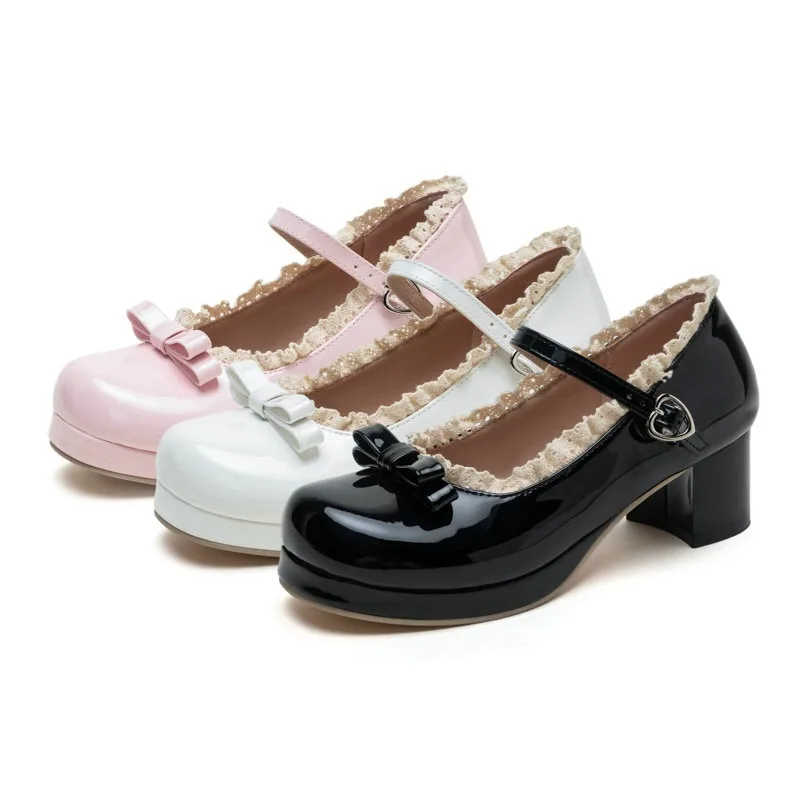 Japanese Cute Lolita Mary Jane High Heels Patent Leather Platform Chunky Heel Lace Ruffle Bow Shoes