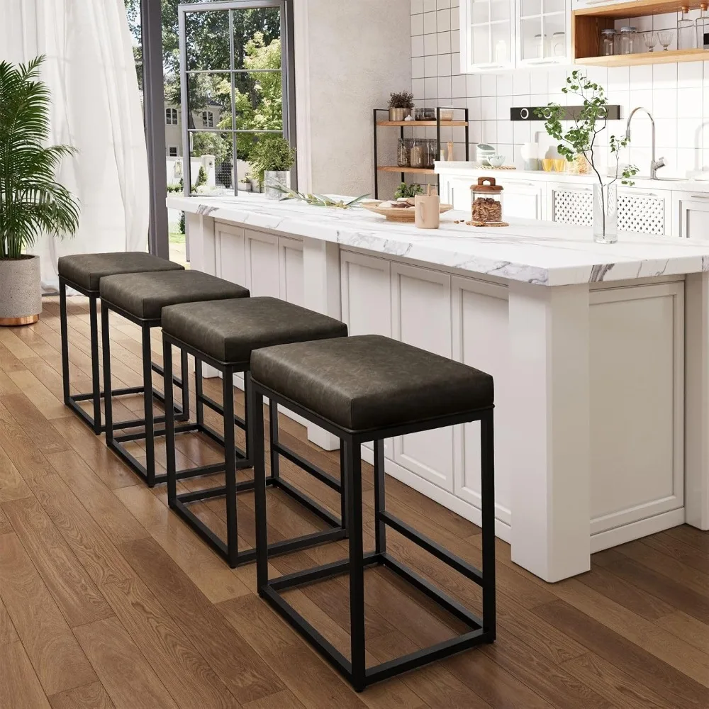 

4-piece set of counter high bar stools, 24 modern PU leather bar chairs with metal frame, gray