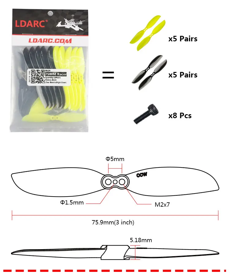 Limited Clearance LDARC 75mm Racer 3inch 2-Blade Propeller (10CW+10CCW)
