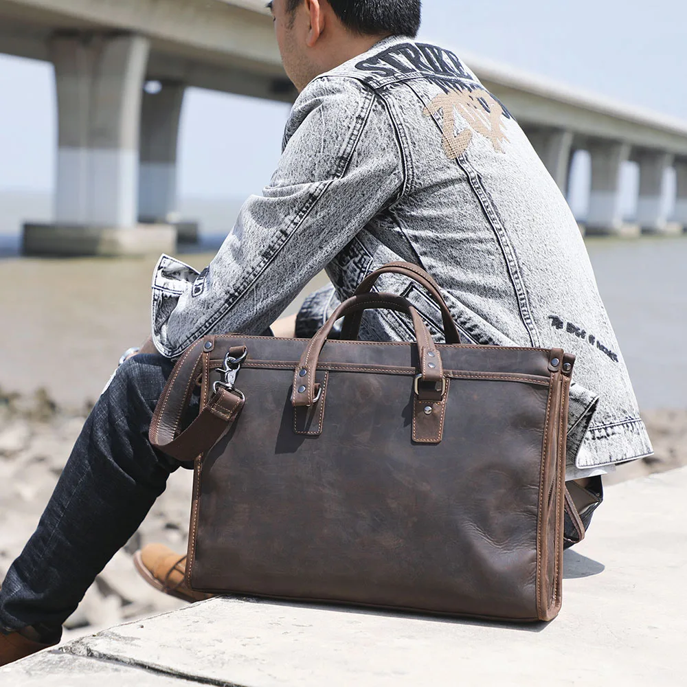 S.WORKER Vintage Echtleder Herren-Aktentasche 15“ Laptop-Handtasche Schultertaschen Retro Casual Stil – Detail 6