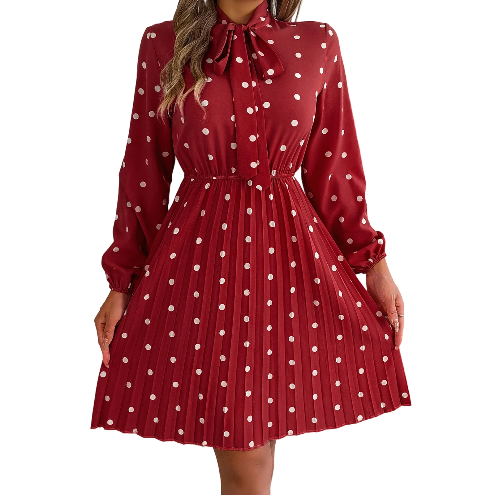 เดรสผู้หญิงแขนยาวลายจุดผูกเอวทรงสม็อค ความยาวระดับเข่า สำหรับฤดูใบไม้ร่วง