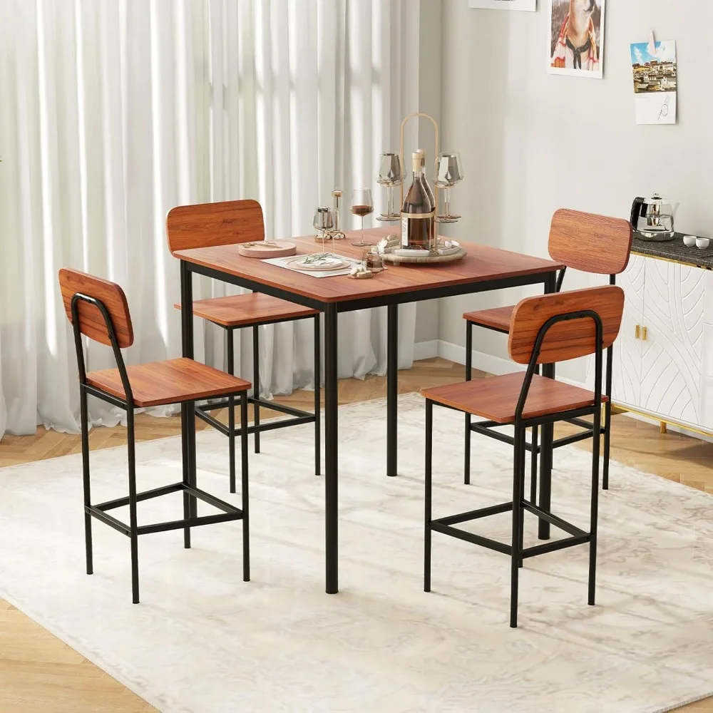 

5-Piece Dining Table Set W/Counter Height Table & 4 Bar Stools, Industrial Kitchen Dining Table Set W/Footrest, Customized