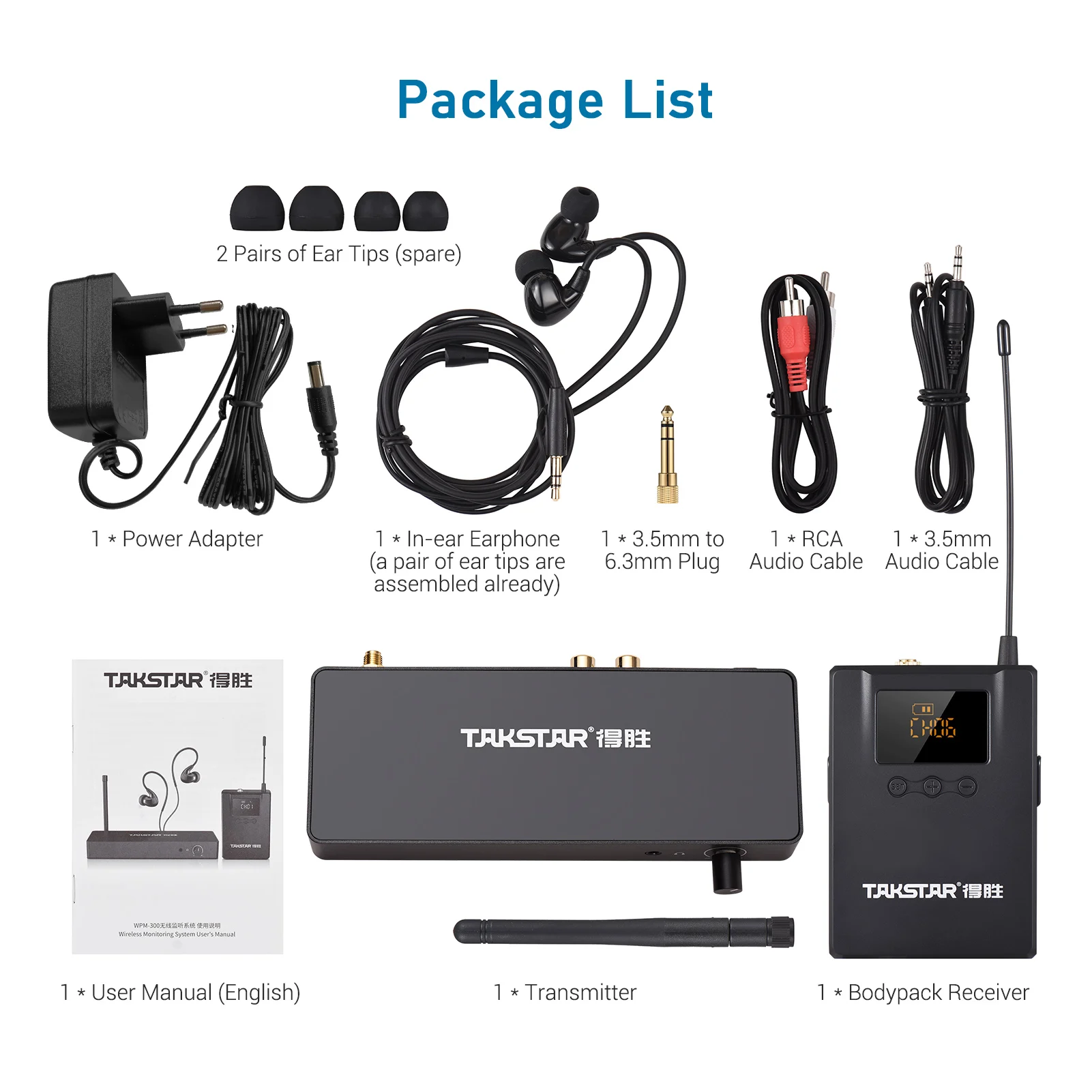 TAKSTAR WPM-300 Wireless Monitoring System with In-ear Earphone UHF Audio Transmitter Bodypack Receiver 164FT Transmission Range