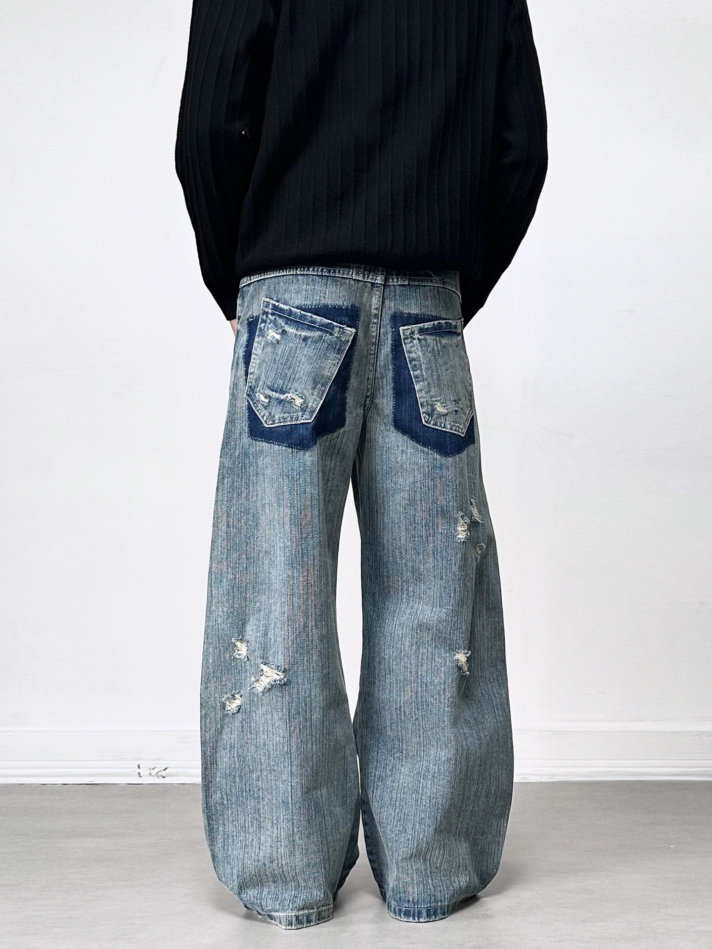 MIJKO بنطال جينز أزرق واسع الساق بفتحات دمعة الحشرات وجيوب مستقيمة G6871 # #4