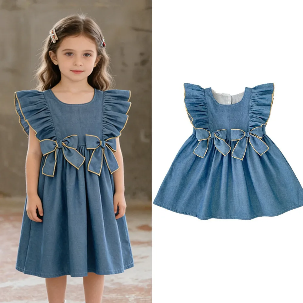 

baby girl clothes summer dresses Cowboy color big bow girl flying sleeve dress girls dress casual dress