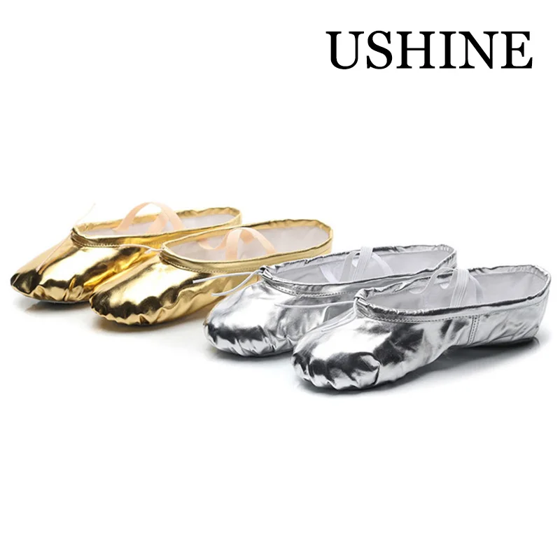 USHINE professional silver golden PU yoga belly dance shoes performance soft sole gym ballet dance shoes children girls woman