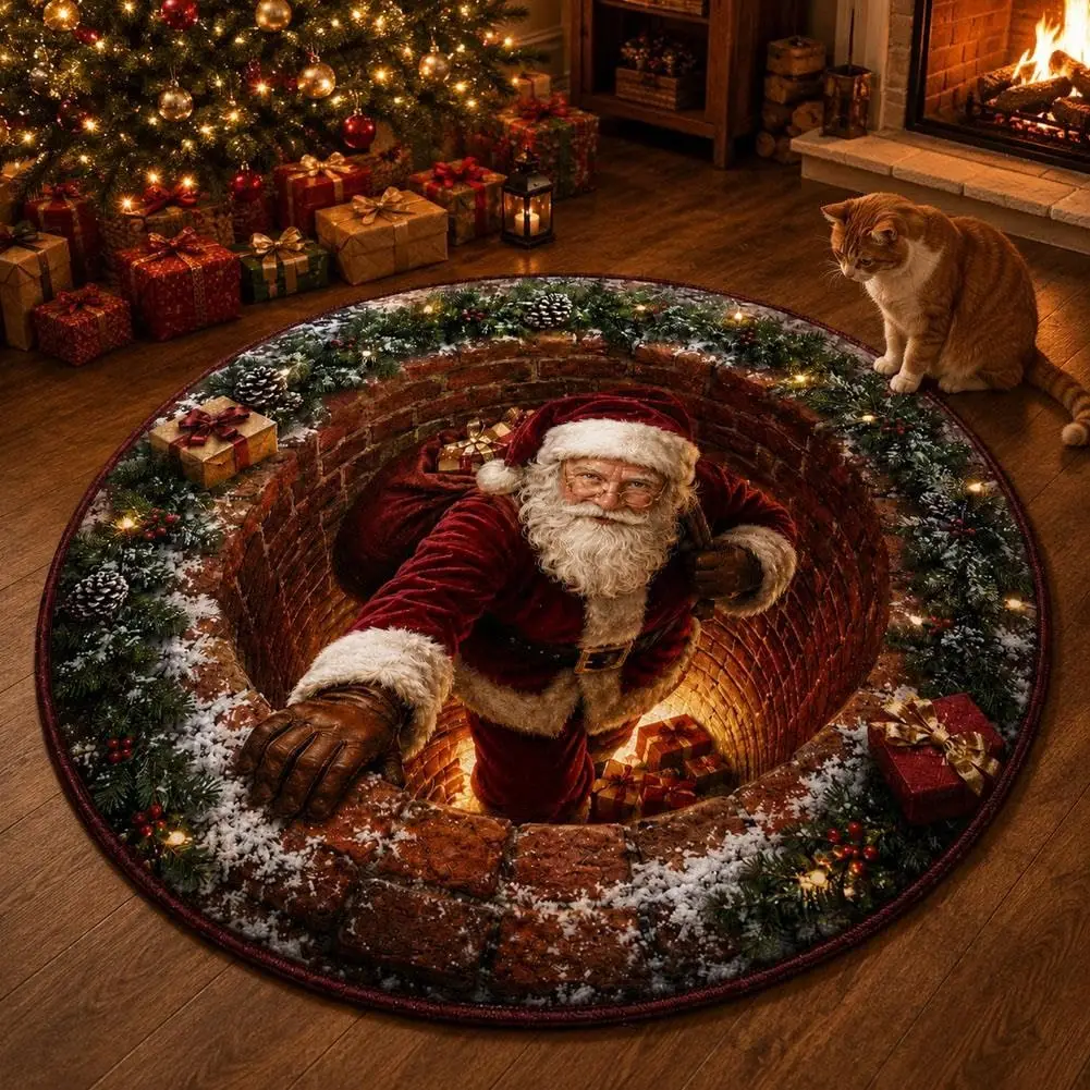 VIKAMA 3D Christmas Santa Circular Rug Soft Anti-Slip Floor Mat for Living Room and Bedroom Christmas Home Decoration