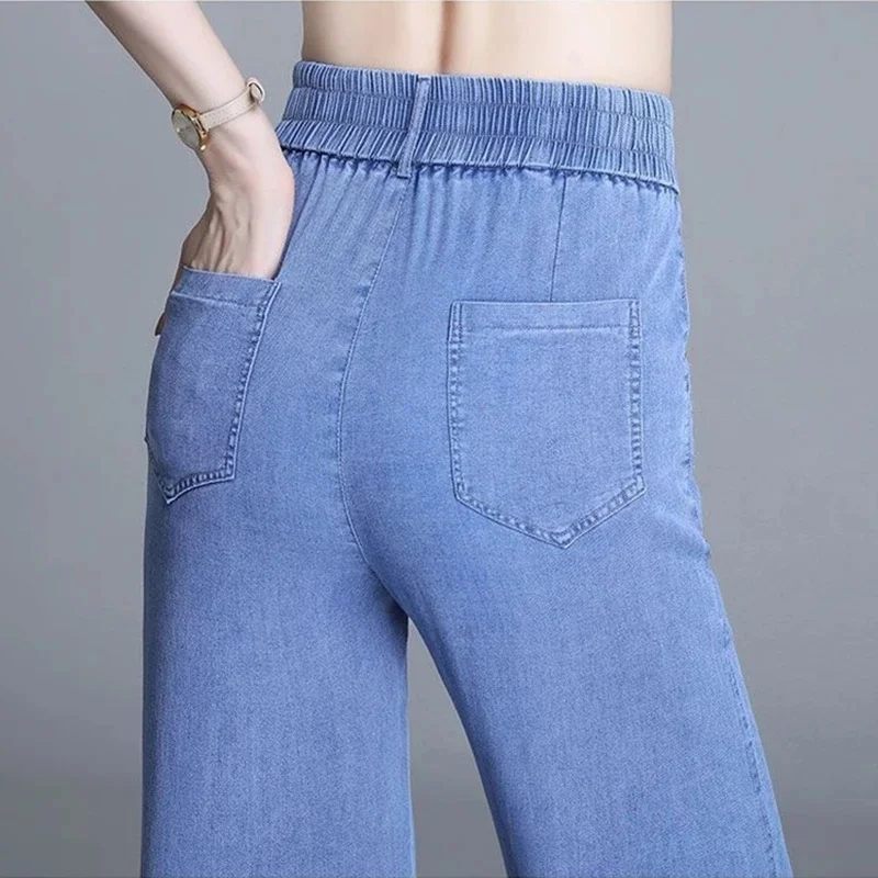 Sommer Eis Seide Jeans Frauen dünne blaue Jeans weites Bein Hosen elastische hohe Taille gerade verlängern Hosen weibliche Cowgirl Pantalons