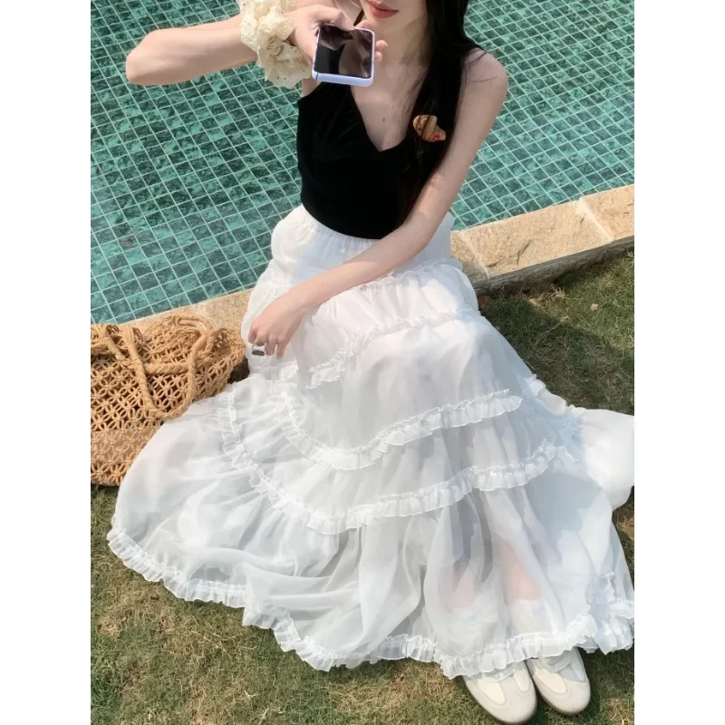 Korean Solid Color Loose Casual Mesh A-line Skirt Women 2024 Summer New High Waist Fashion All Match Pleated Mid-length Skirt