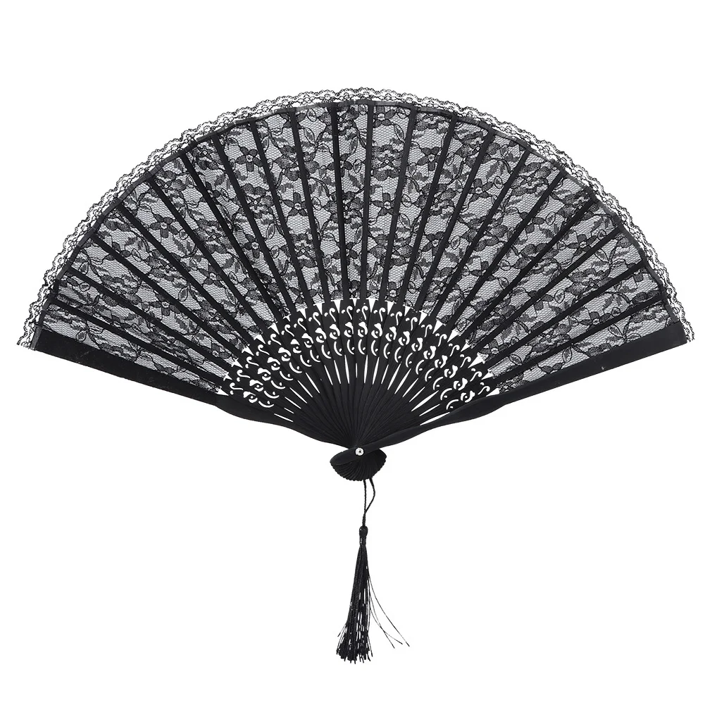 E5 Double Layer Vintage Janpanese Style Lace Hand Folding Fan for Women Performance Gifts Party Decoration PropBlack Folding Fan