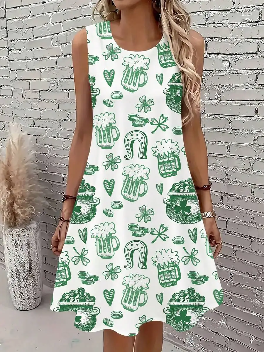 

Casual Summer A-Line Dress For Women With Beer Mug And Pot Of Gold Print St Patricks Day