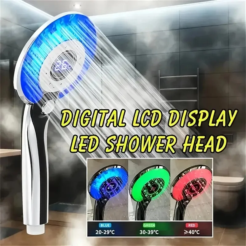 1pc LED Shower Head Digital Temperature Control Shower Sprayer 3 Spraying Mode Water Saving Filter Shower Bathroom Accessories