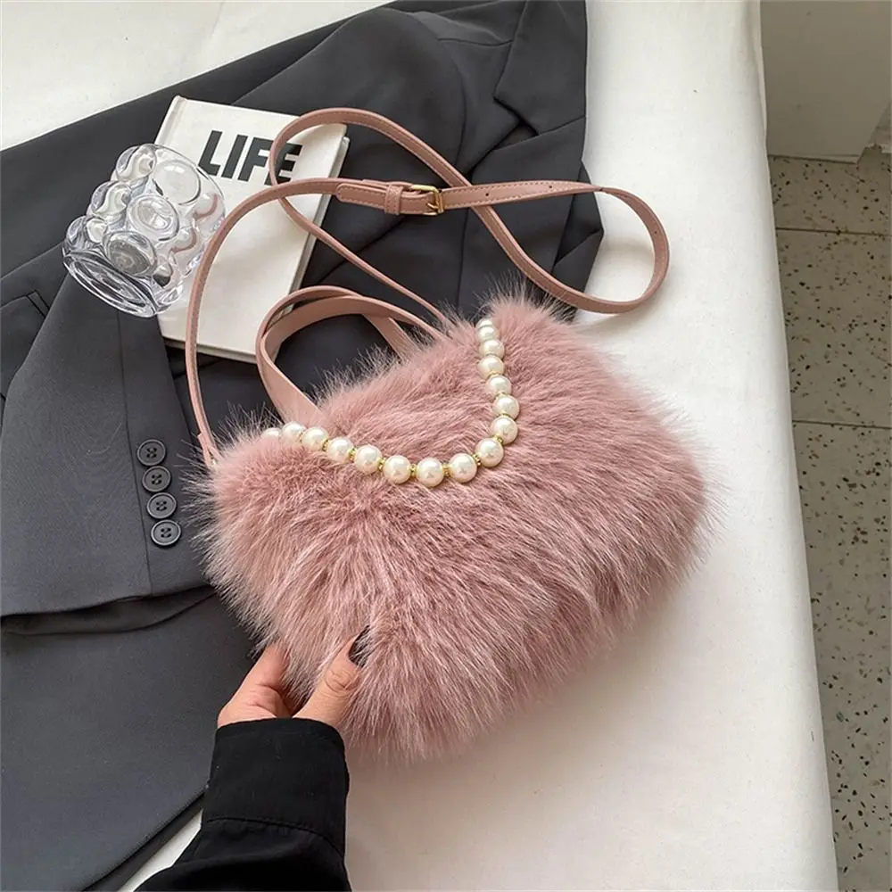 Women Girls Pearl Chain Faux Fur Handbag Trendy Long Plush Shoulder Messenger Bag Fashion Female Furry Large Capacity Tote Bag