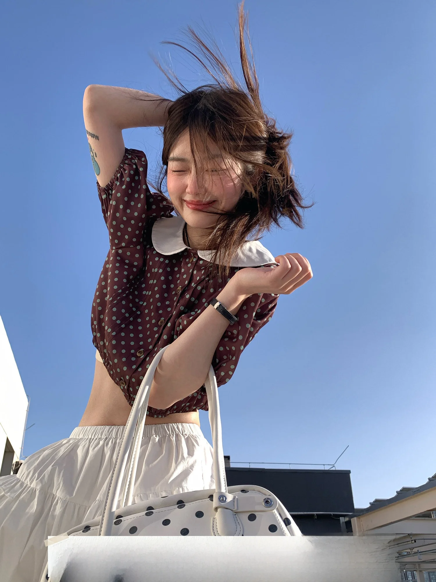 

Sinbounboun Polka Dot Bubble Sleeve Short Shirt Waist Exposure Doll Collar Women's Cotton Polyester Spring Summer Shirt