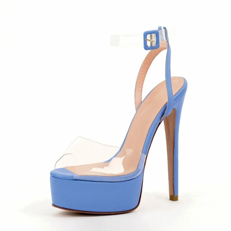 

Sexy Pointed Toe Ankle Strap High Platform Sandals Clear Transparent PVC Buckle Strap Summer Dress Shoes Blue Black