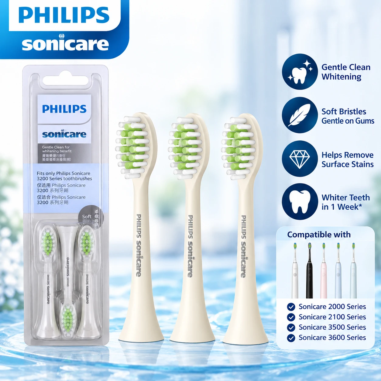 Philips HX2033/02 Toothbrush Heads 3PCS Soft Bristles Deep Cleaning Replacement Brush Heads for Electric Sonicare Toothbrush