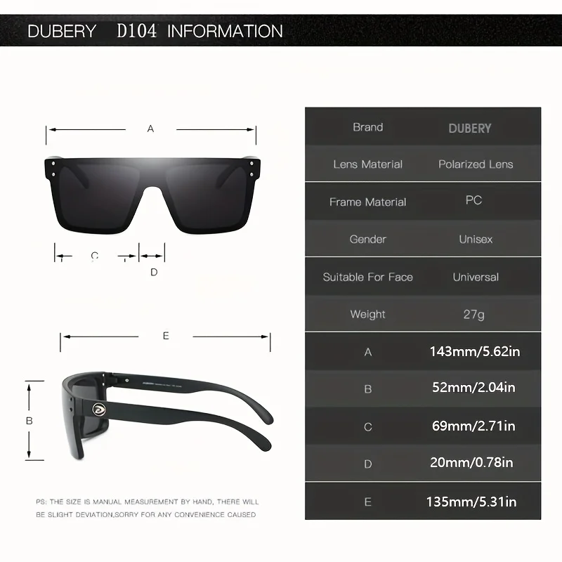 DUBERY Polarized UV400 Protection Sunglasses For Men And Women 12 Colors Model 104