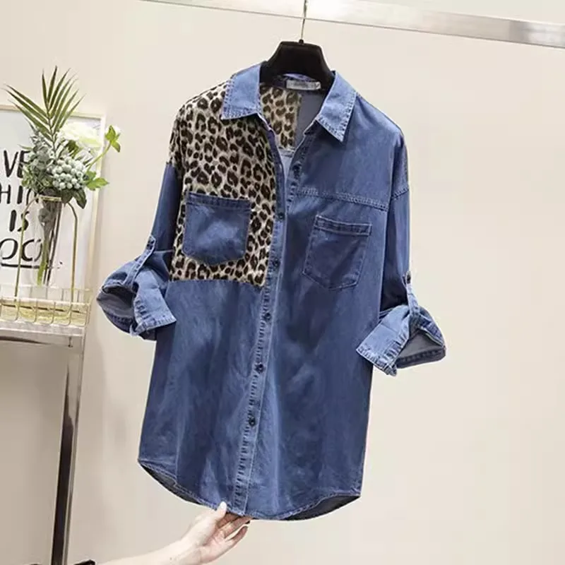 Leopard Print Patchwork Denim Shirt Women\'s 2024 Spring Autumn New Long sleeved Loose Cowboy Casual POLO Shirts Female