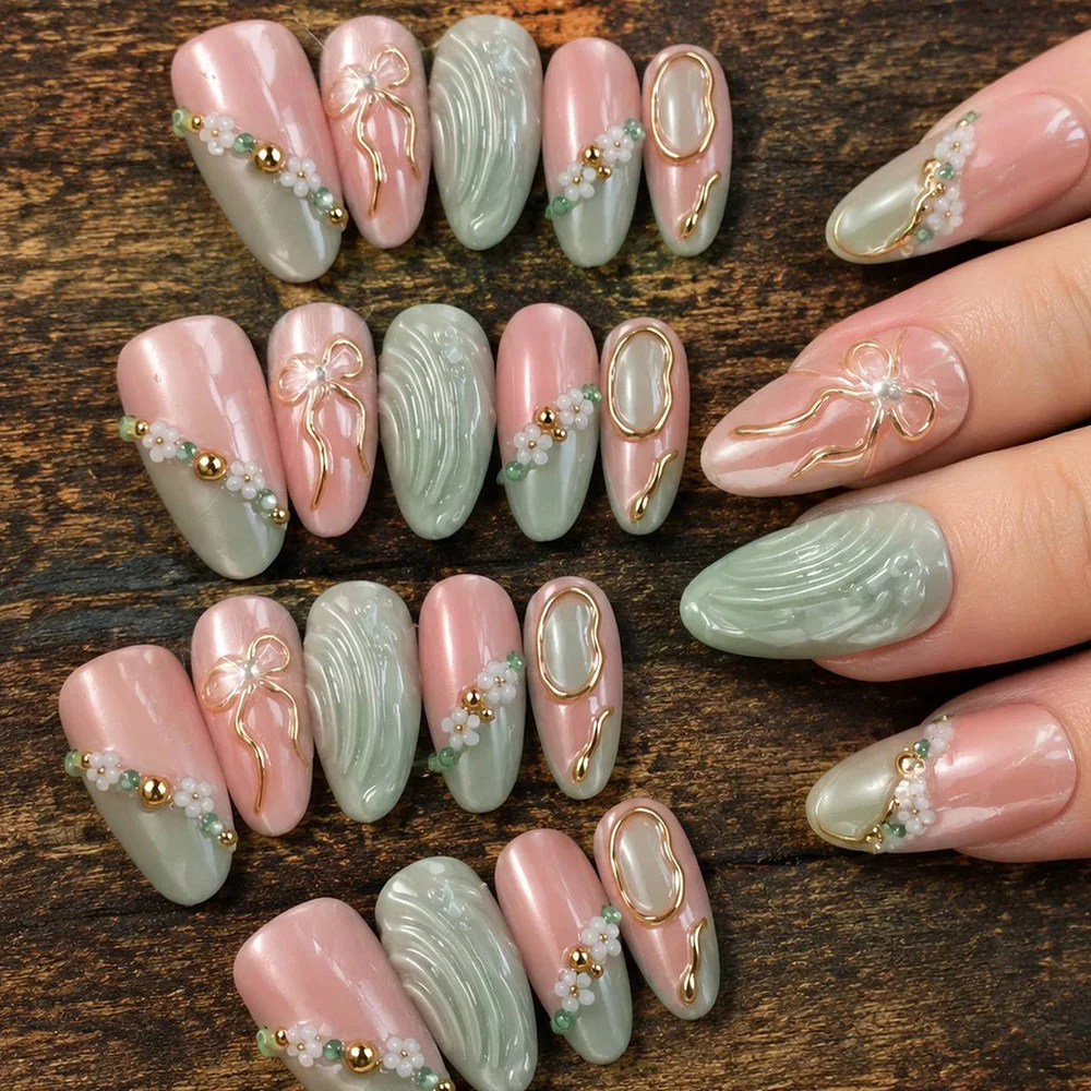 

10/30Pcs Luminous Gradient Almond Press On Nail, Durable Bow Crystal Fake Nail, Elegant Upscale False Nail For Holiday Events