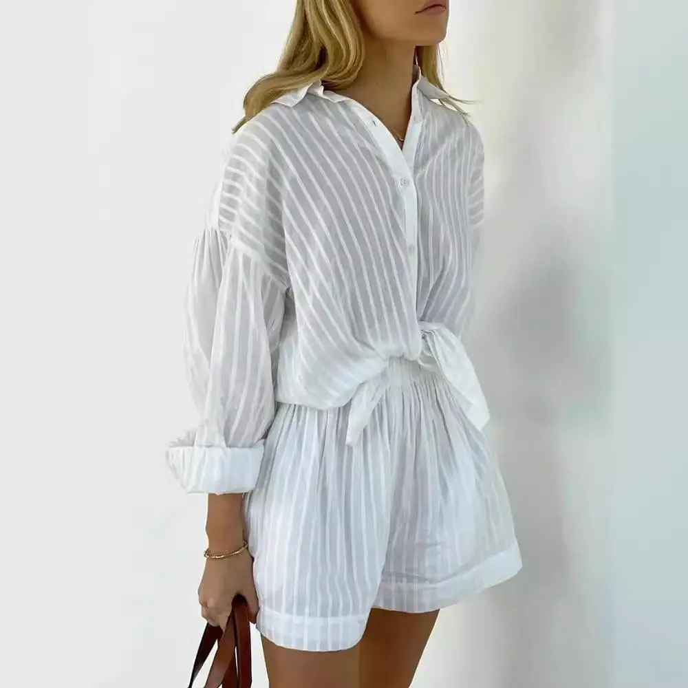 

Summer White Vertical Stripe Shirt Set Casual Long Sleeve Lapel Shirt Comfortable Solid Color Shorts Striped Pijama Suit