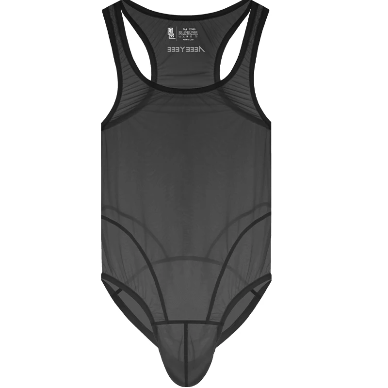 Hot Black White Ice Silk Men's Bodysuit Ultra-Thin Transparent Tight Jumpsuit I-Shaped Vest Chest Shapewear Boxer Shorts
