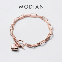 Modian 100% 925 Sterling Silver Sweet Hearts Chain Link Two Layer Classic Basis Bracelet Bangle for Women Fashion Fine Jewelry