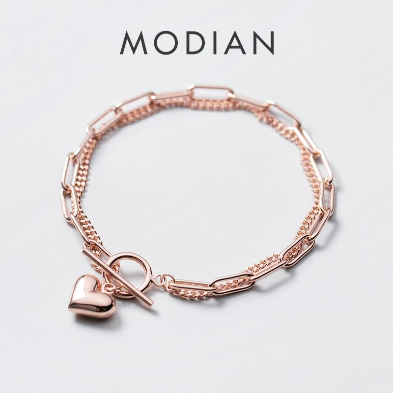 Modian 100% 925 Sterling Silver Sweet Hearts Chain Link Two Layer Classic Basis Bracelet Bangle for Women Fashion Fine Jewelry