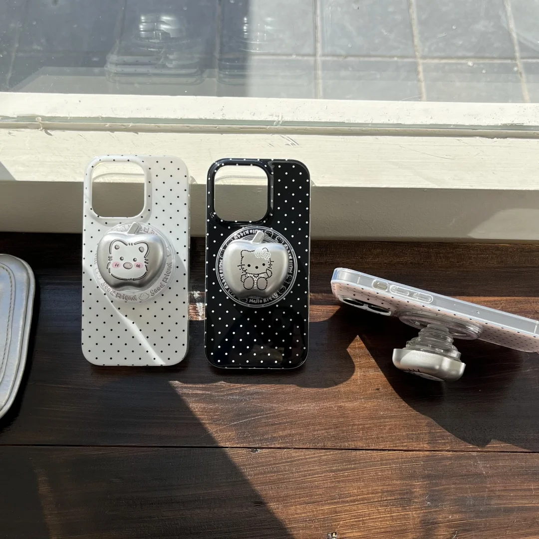블랙 화이트 폴카 도트 무선 충전 전화 케이스 아이폰 17 16 15 14 13 프로 맥스용 스탠드 홀더 포함 마그세이프용