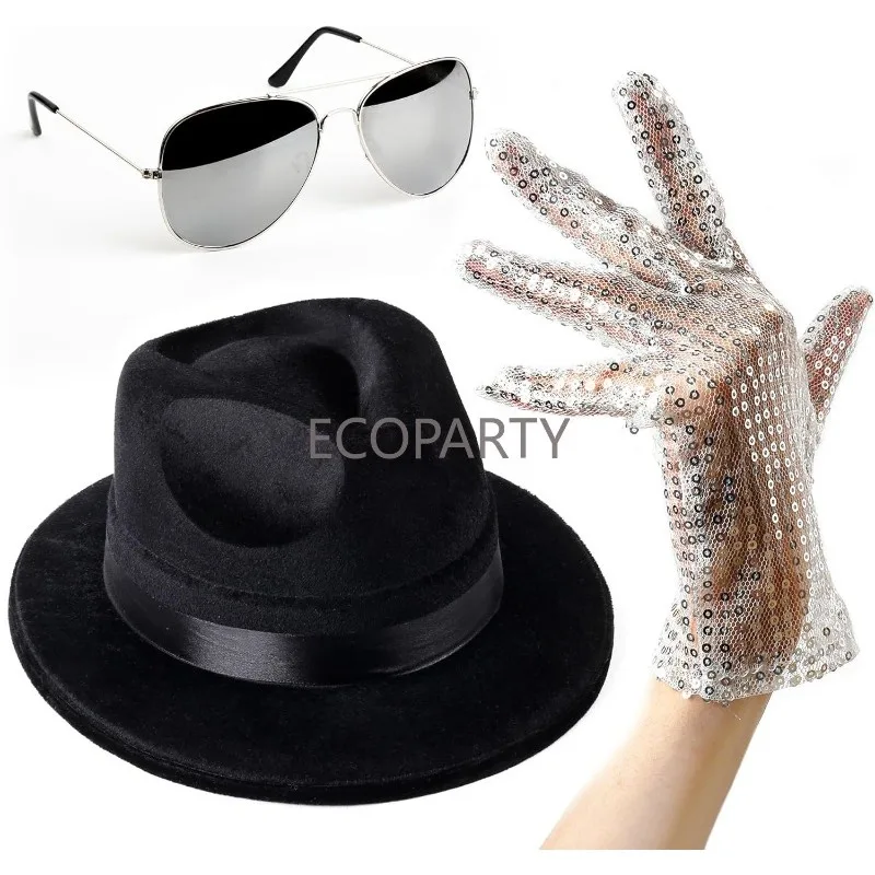 Pop King Jackson Costume Accessories M-J Sequin Gloves,Black Fedora Hat and Sunglasses for 80s Themed Halloween Cosplay Party