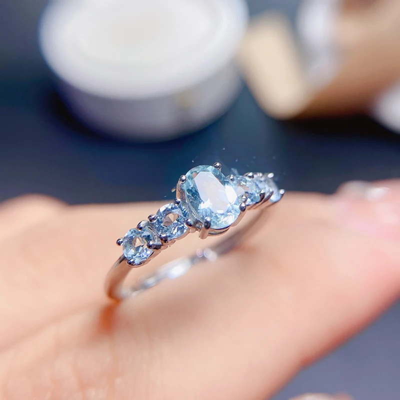 Anéis Aquamarine Naturais para Mulheres, Jóias de Prata 925, Pedras de Luxo Banhado a Ouro 18K, Itens de Frete Grátis