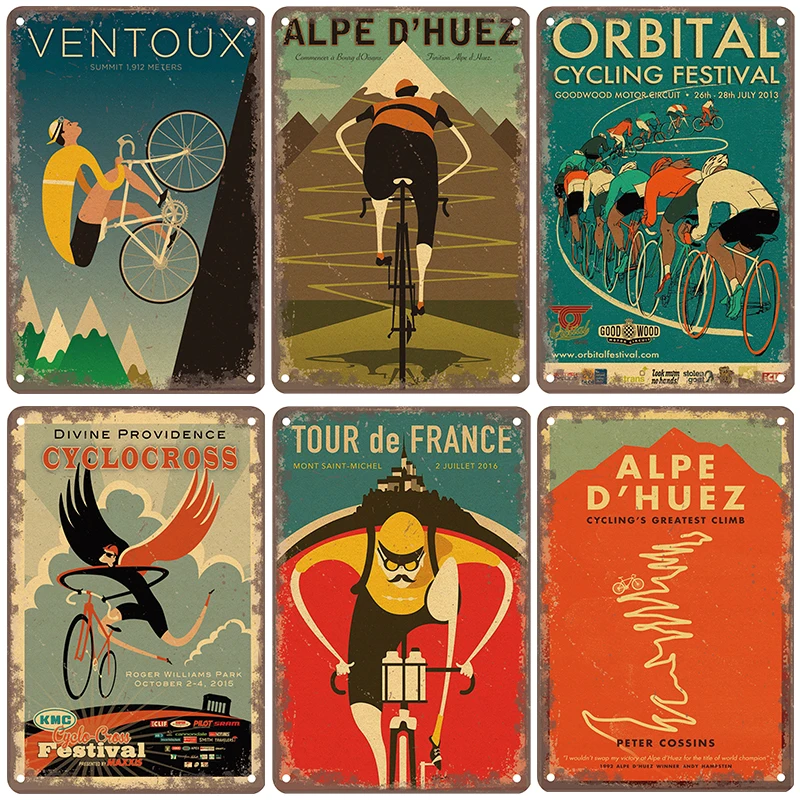 HD Tin Sign Vintage Tour de France Cycling Retro Metal Tin Sign Set for Garage Wall Decor