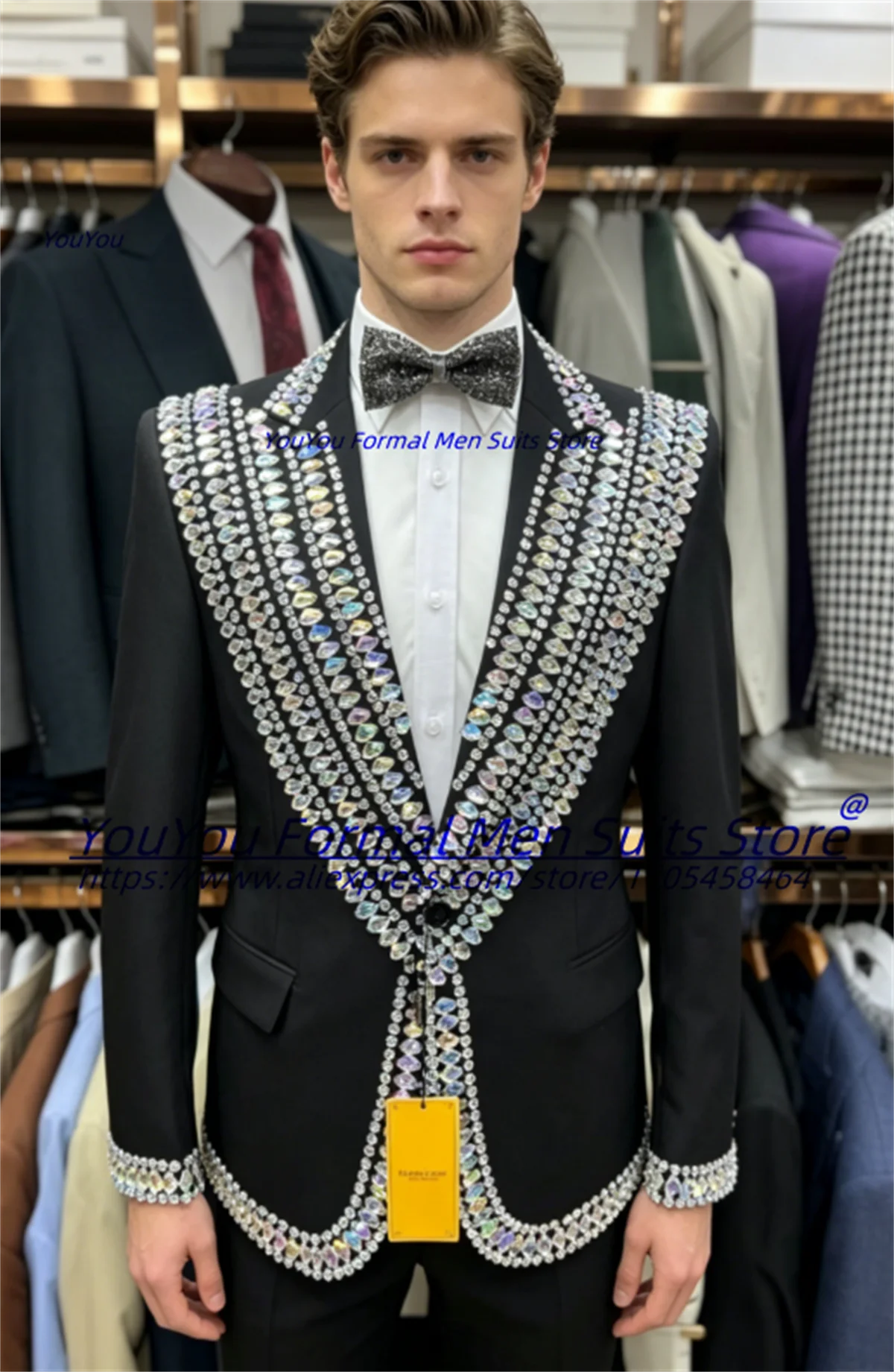 Gorgeous Diamond Crystal Graduation Party Men Suits Customized Slim Fit Peak Lapel Groom Wedding Tuxedos 2 Pcs Sets Ropa Hombre