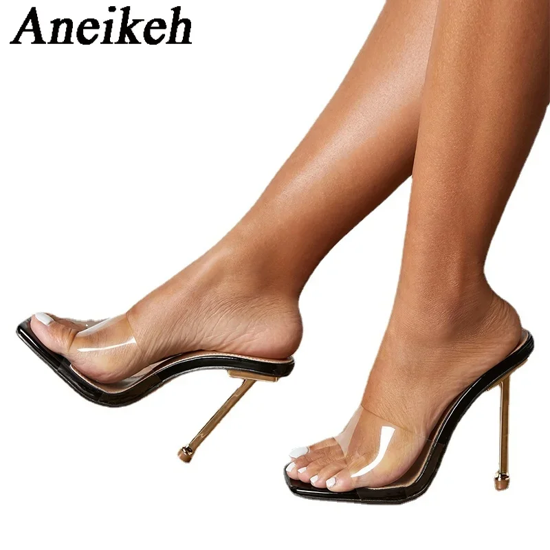 

Aneikeh/летние сандалии, шлепанцы, женская обувь из ПВХ, модные лаконичные туфли на высоком каблуке с квадратным носком, Zapatos De Mujer, однотонные, 2025 г.
