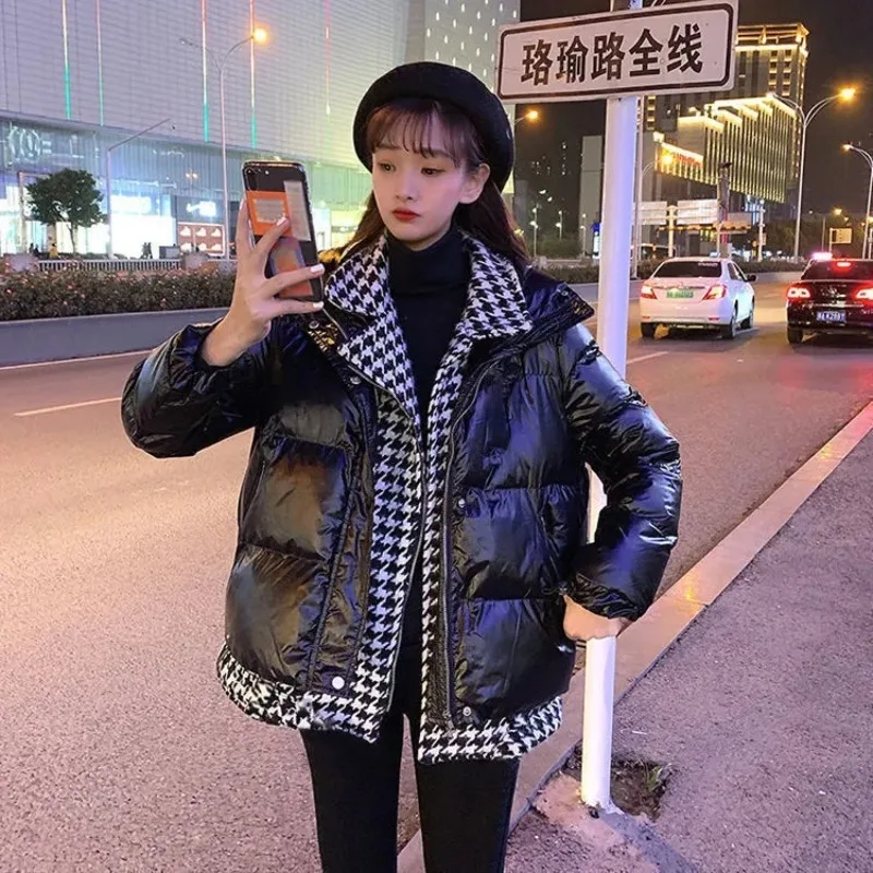 

Vintage Stitching Houndstooth Plaid Down Cotton-padded Jacket Women Winter Thicken Warm Parka Coat Casual Loose Outerwear