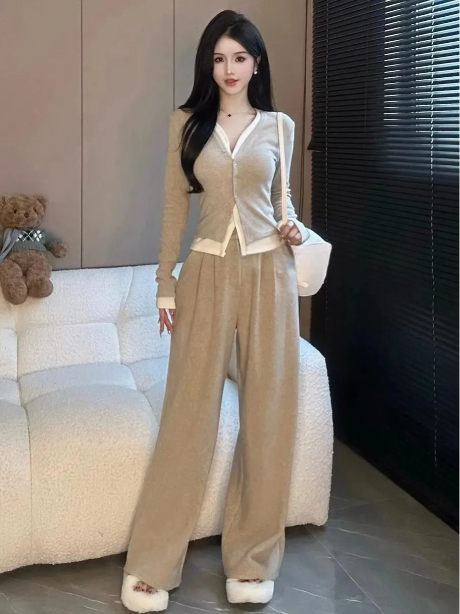 2024 Spring and Autumn plus size women's fashion casual solid color set, women's wide leg pants two-piece set, 100kg