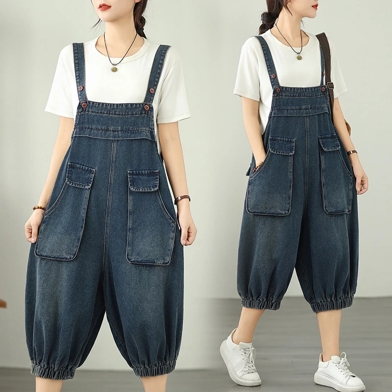 Denim Jumpsuits For Woman Casual Loose Big Size Jeans Ladies Overalls Wide Leg Bib Baggy Pants Straps Dungarees Women Rompers