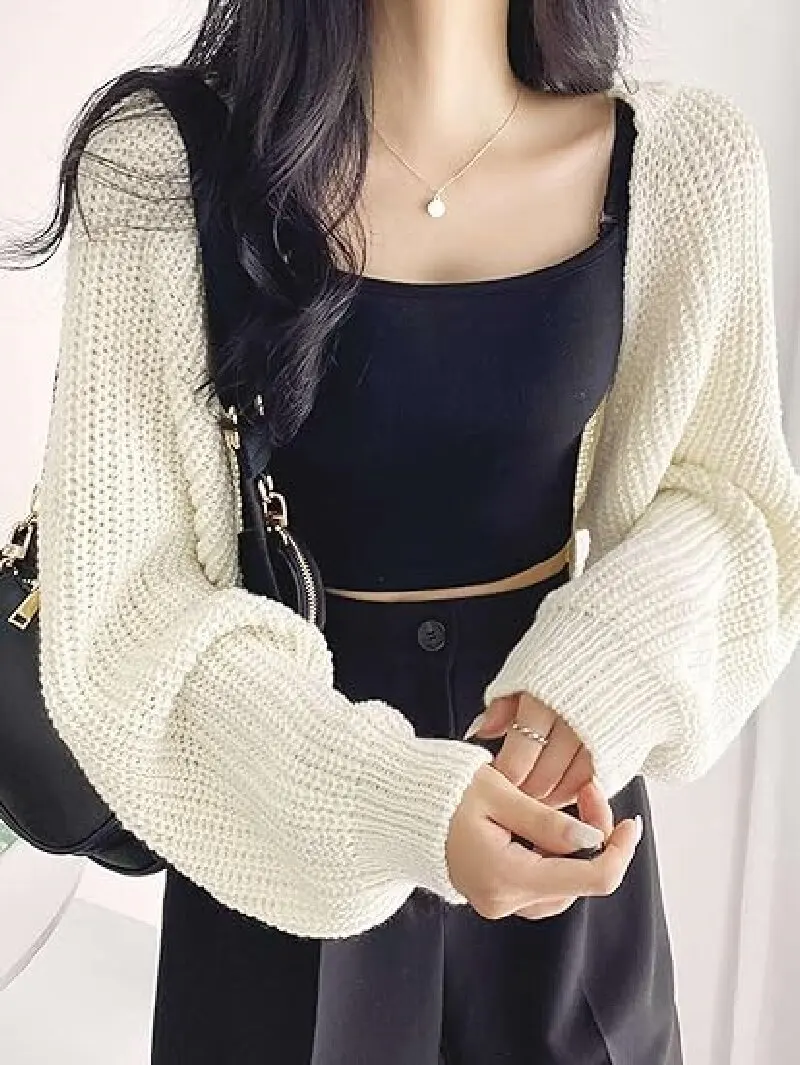 Cropped Solid Knit Sweater  Open Front Long Sleeve Sweater  Women\'s Clothing