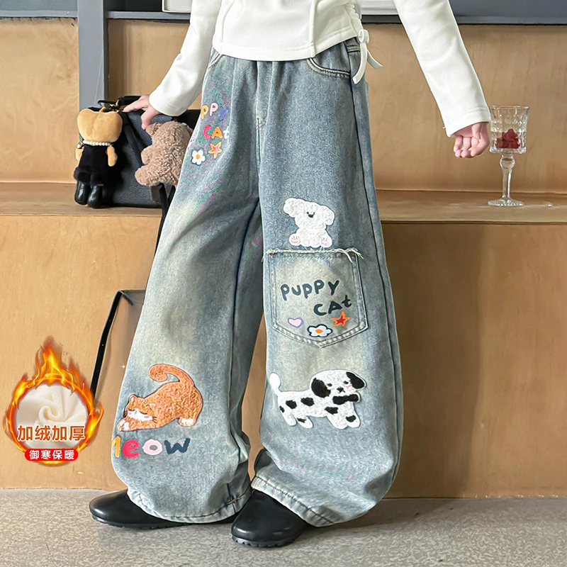 

Осень-зима 10, плюшевые джинсы с рисунком собаки для девочек-подростков, бархатные теплые джинсовые широкие брюки для маленьких детей, детские брюки с вышивкой на полотенцах