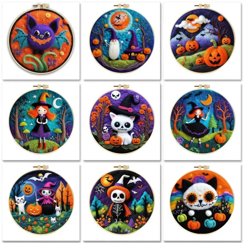

Funny Wool Felting Painting Frame DIY Wool Embroidery Kit Halloween Wool Needle Felt Kit pumpkin bat Picture Craft Painting Gift