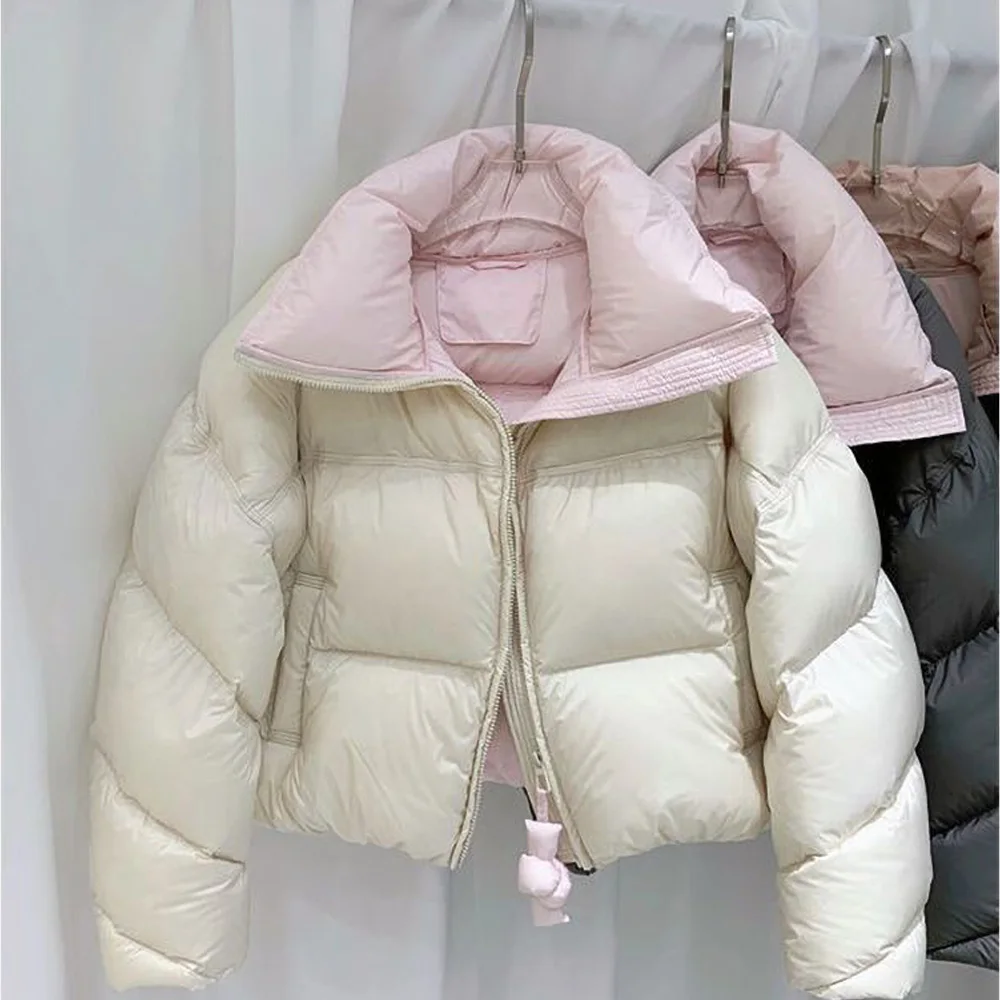 Fluffy Warm Women Down Cotton Coat Contrast Color Stand Collar Zipper Loose Jackets Winter White Thickened Short Loose Outerwear