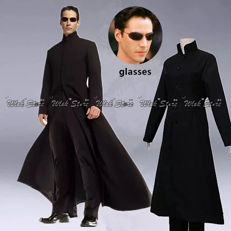 Matrix Neo Cosplay Costume pour hommes et femmes, manteau noir personnalisé, accessoires de lunettes d'Halloween, RZ